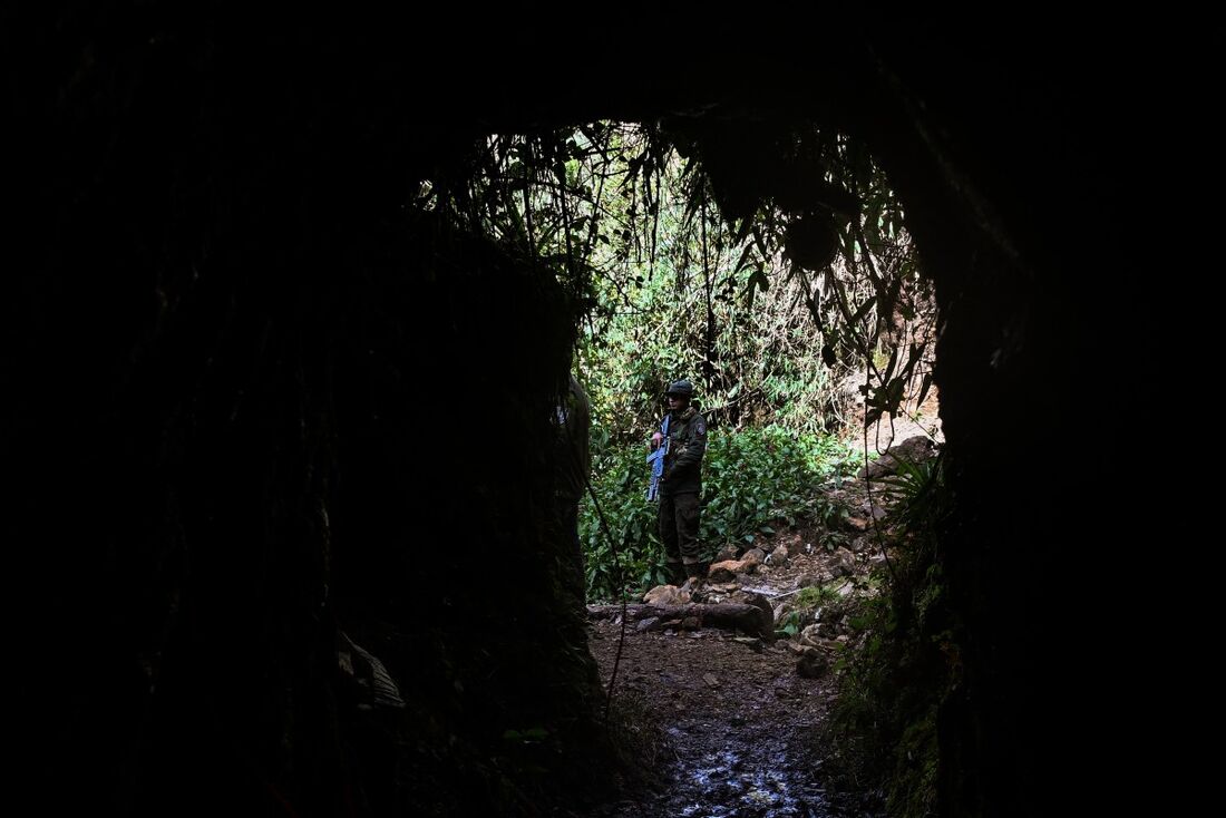 Um policial monta guarda próximo a um túnel em uma mina de ouro ilegal no Parque Natural Farallones, Colômbia