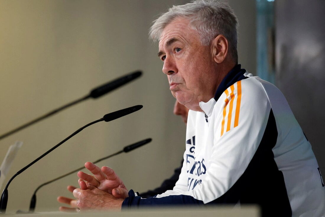 O técnico italiano do Real Madrid, Carlo Ancelotti, dá uma entrevista coletiva na Cidade Esportiva do Real Madrid.