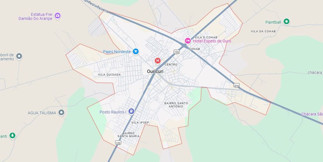 Mapa da cidade de Ouricuri, no Sertão do Estado