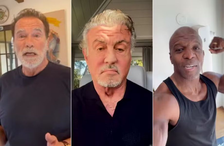 Captura de tela de vídeos Arnold Schwarzenegger, Sylvester Stallone e Terry Crews editados com IA