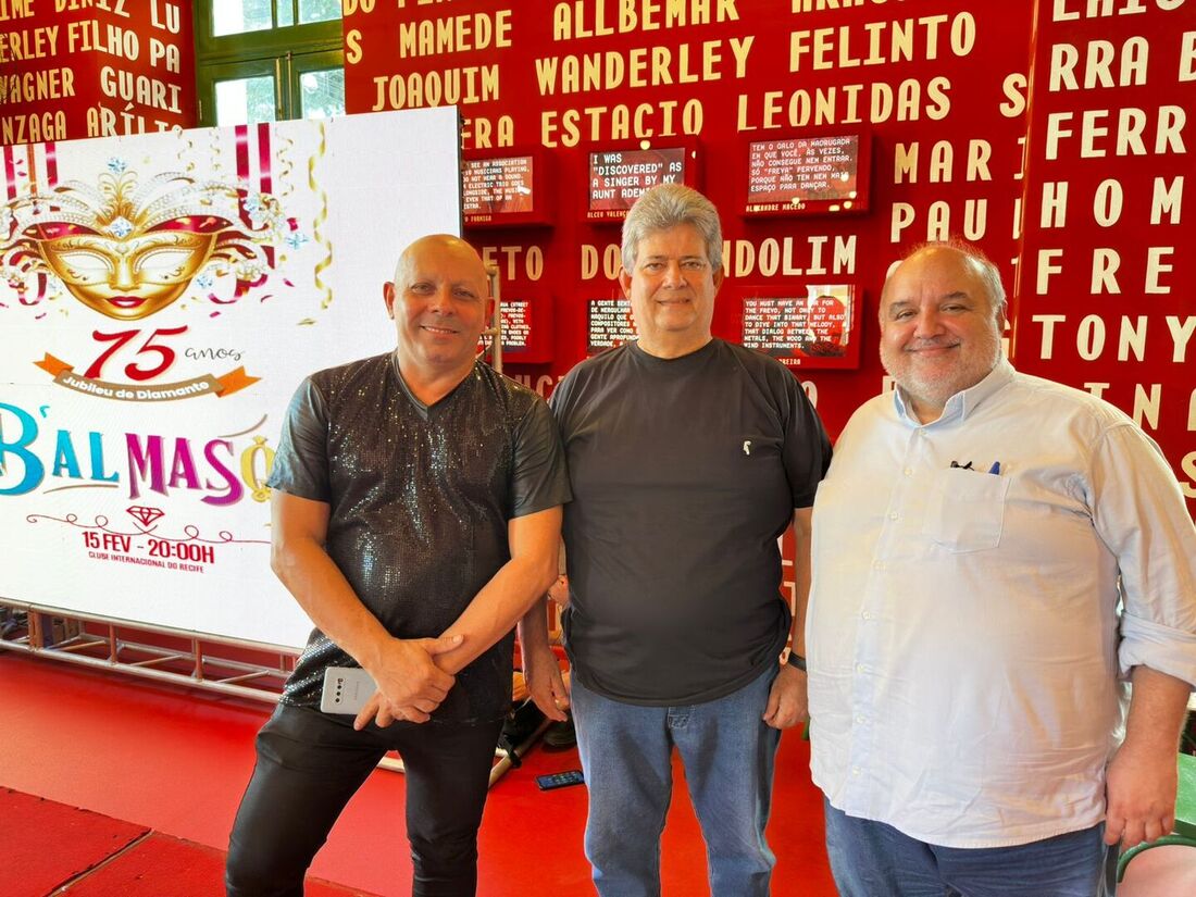 Fabio Macêdo, organizador do evento, Mario Peres (Marinho), diretor comercial do Baile, e Edson Melo, produtor da Talismã Eventos