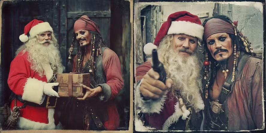 Papai Noel ao lado do personagem Jack Sparrow, de 'Piratas do Caribe' 