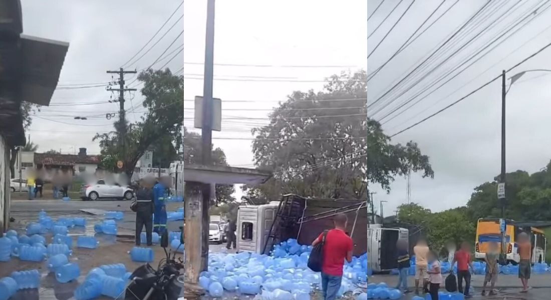 Imagens que circulam nas redes sociais mostram o caminhão tombado na pista e pessoas no chão