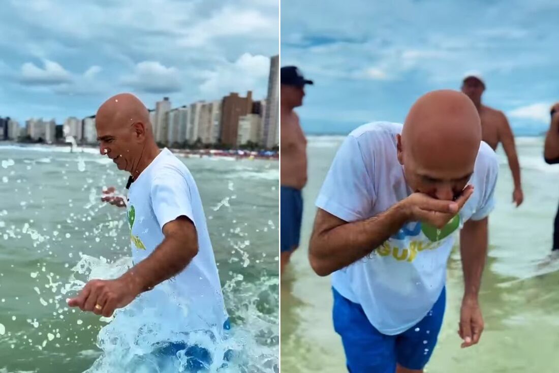 O prefeito de Guarujá, Farid Madi (Podemos), publicou um vídeo nas redes sociais mergulhando e também tomando a água do mar.