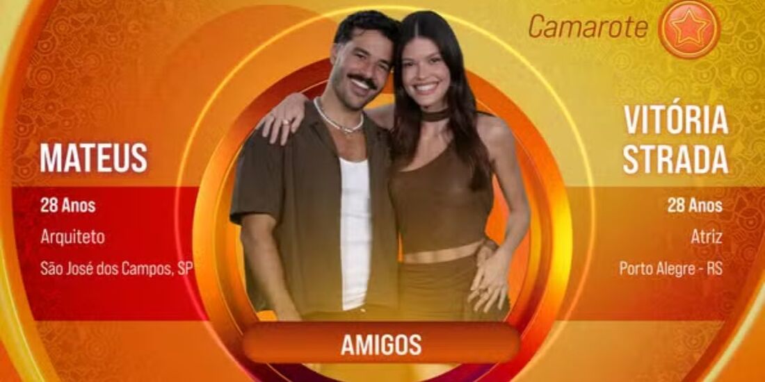 Vitória Strada e Mateus Pires entraram como dupla no BBB 25