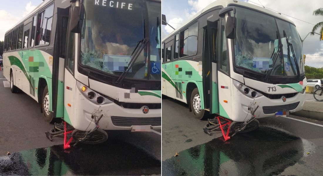 Imagens mostram bicicleta embaixo do ônibus após a batida