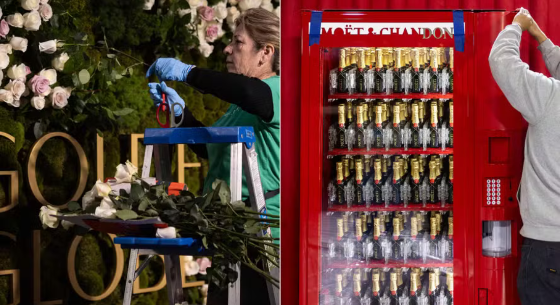 Globo de Ouro 2025 terá máquinas de champagne e painel de flores frescas.