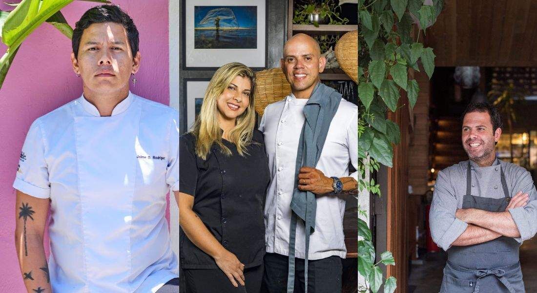 Lisiane Arouca e Fabrício Lemos (centro) recebem os chefs Jaime Rodríguez e Oscar Boch, em Salvador