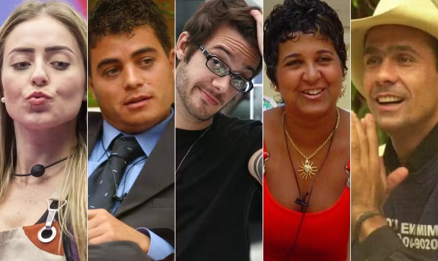 Da esquerda para a direita, Paula Von Sperling (BBB 19), Dhomini (BBB3), Max Porto (BBB 9), Cida (BBB 4) e Rodrigo Cowboy (BBB 2): campões do reality show