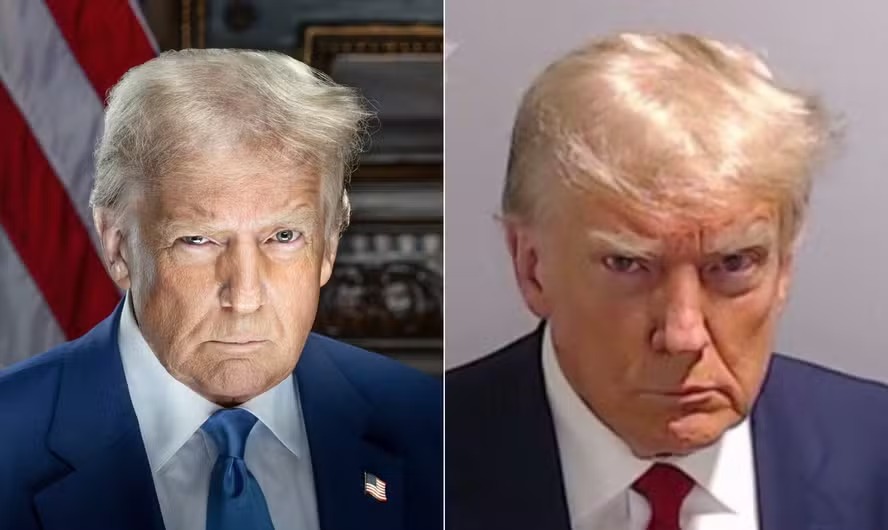 Semelhança: Foto oficial do presidente eleito Donald Trump chama atenção por similaridades com foto de réu tirada no âmbito das investigações sobre suposta tentativa de fraude nas eleições da Geórgia 