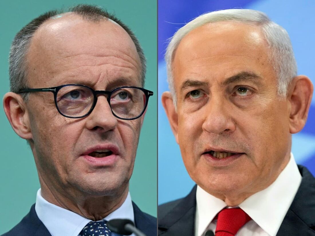 O vencedor das eleições parlamentares alemãs, Friedrich Merz, e o primeiro-ministro israelense, Benjamin Netanyahu