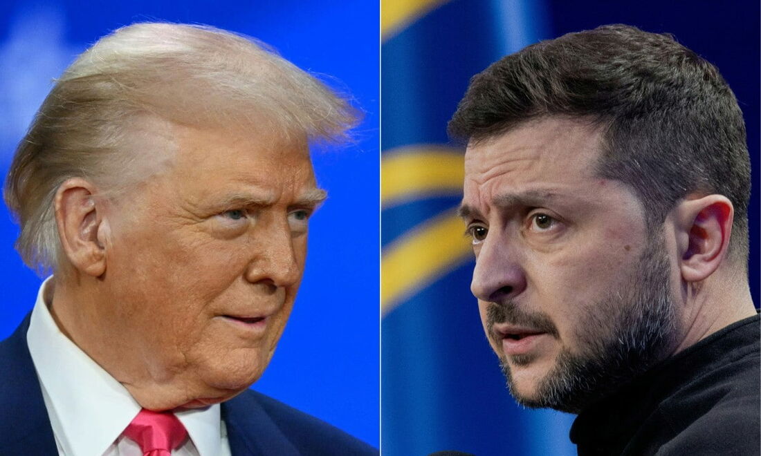 O presidente dos EUA, Donald Trump (E), em 22 de fevereiro de 2025, e o presidente da Ucrânia, Volodymyr Zelensky (D)