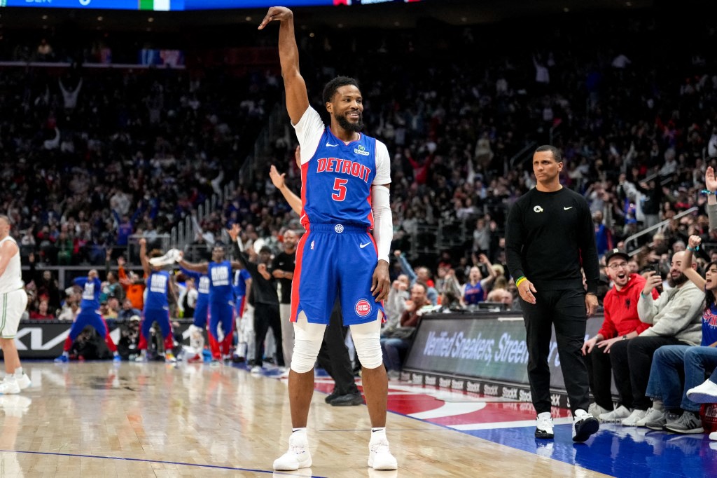 Malik Beasley, jogador dos Pistons, comemora vitória diante do Celtics