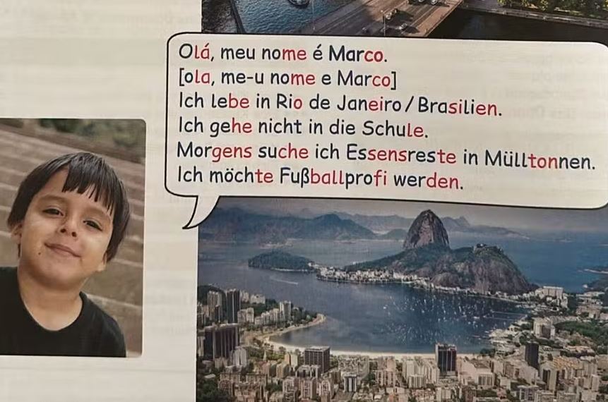 Trecho descreve um menino, que vive no Brasil, no Rio de Janeiro, afirmando que ele "não vai à escola, busca restos de comida no lixo de manhã e quer ser jogador de futebol"