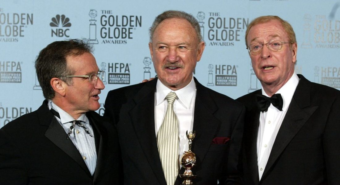 Gene Hackman ao lado dos atores Robin Williams e Michael Caine 