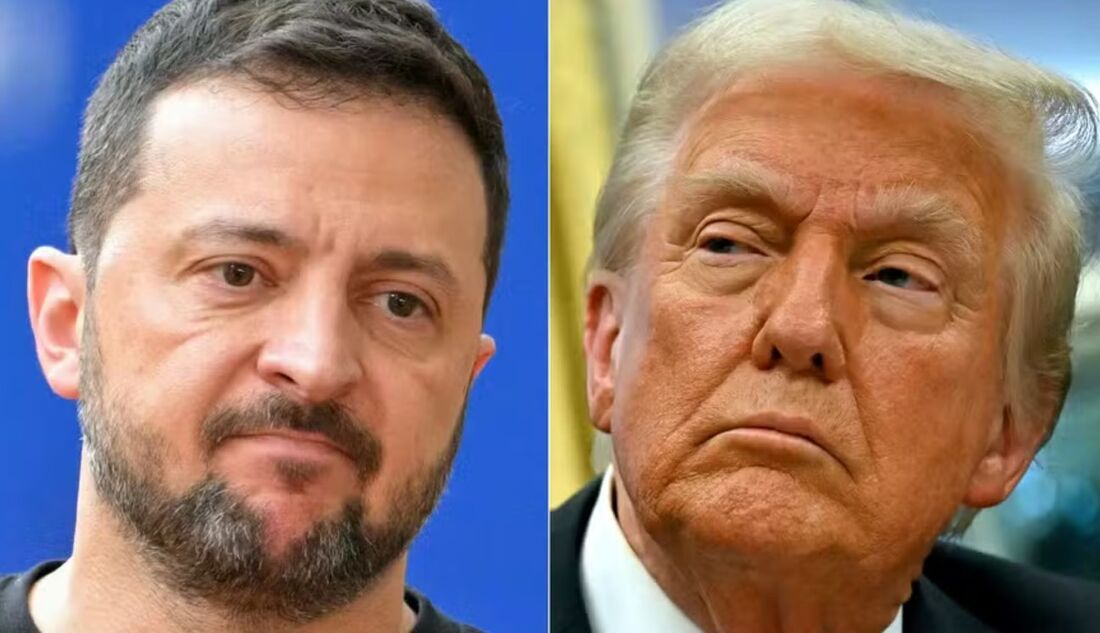 O presidente ucraniano, Volodymyr Zelensky (esq.) e o presidente americano, Donald Trump