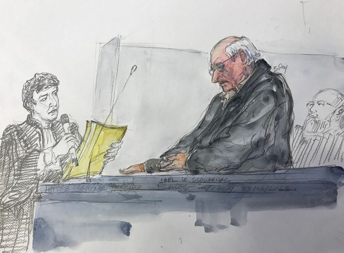 Representação gráfica do julgamento de Joël Le Scouarnec, um cirurgião francês acusado de estuprar centenas