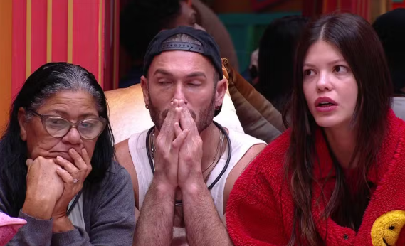 Os participantes Delma, Diego Hypolito e Vitória Strada no BBB 25
