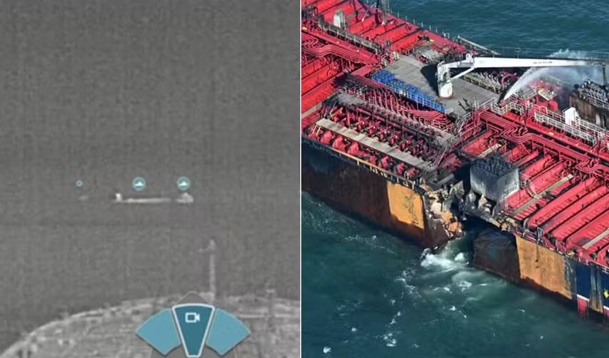 Imagens mostram momento da colisão e incêndio que afetou navios no Mar do Norte  Foto: Orca IA e Paul ELLIS / AFP
