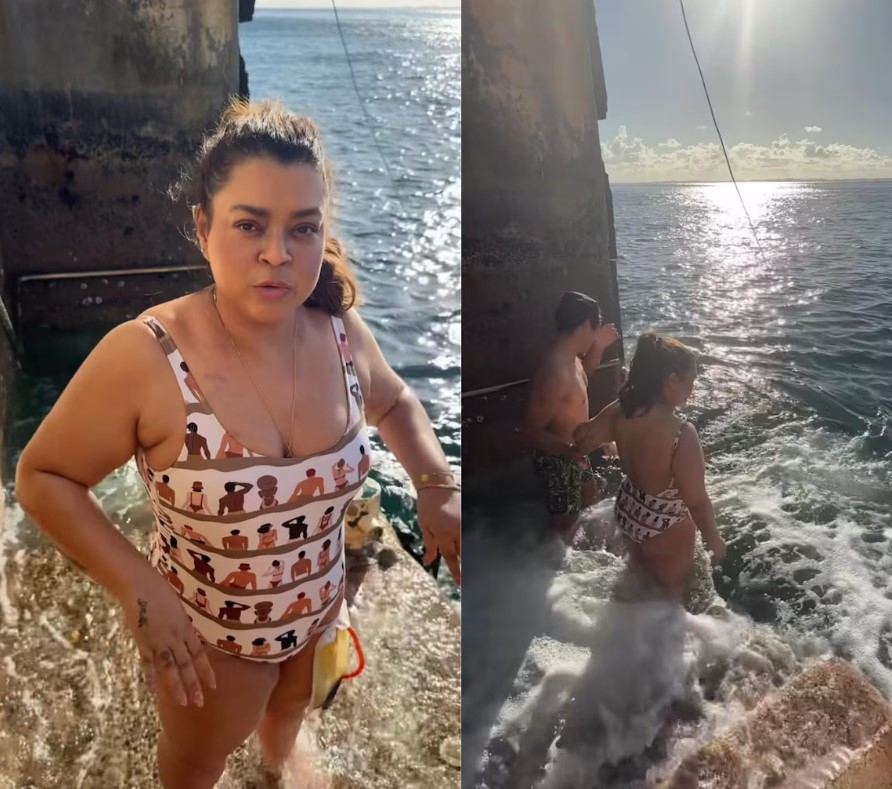 Preta Gil mergulha em praia de Salvador após receber alta.