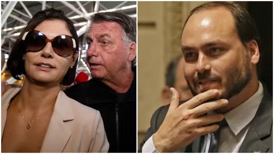 Michelle com Jair Bolsonaro e Carlos, filho do ex-presidente