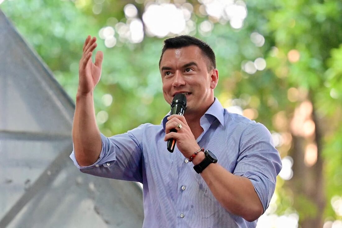 O presidente do Equador e candidato presidencial pelo partido Acción Democrática Nacional (Ação Democrática Nacional), Daniel Noboa