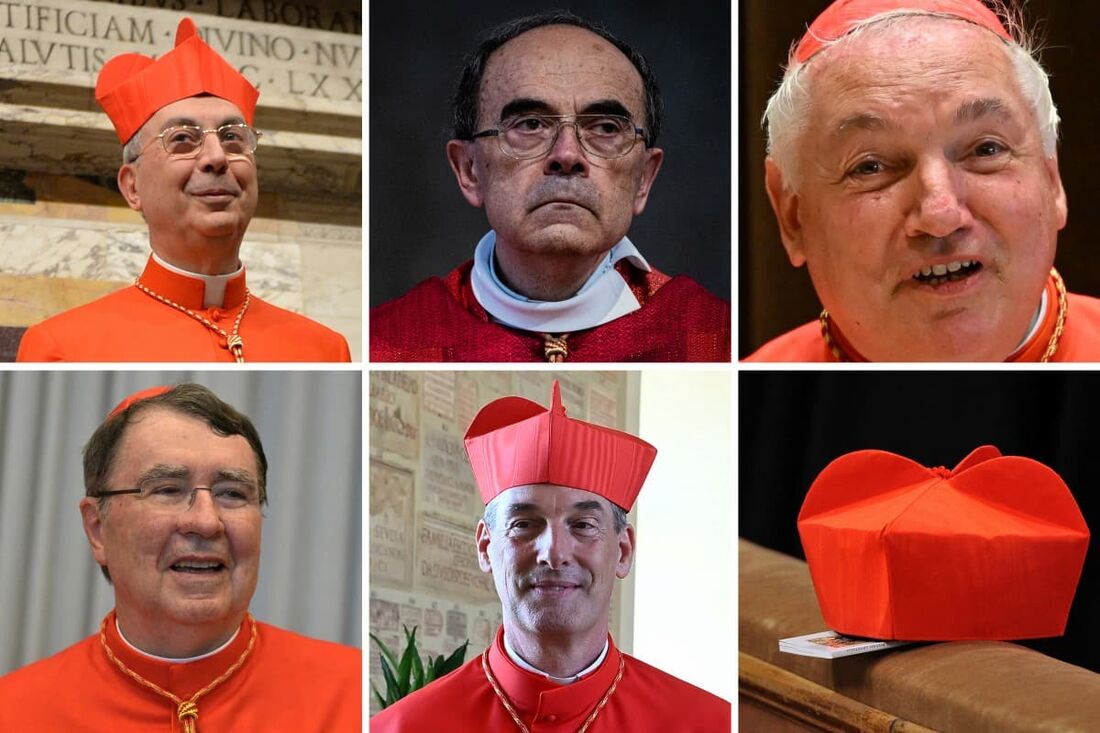 Os cardeais franceses que serão convocados em um conclave para eleger o sucessor do falecido Papa Francisco: (da esquerda para a direita) Dominique Mamberti, Philippe Barbarin, Jean-Marc Aveline, Christophe Pierre e Francois-Xavier Bustillo