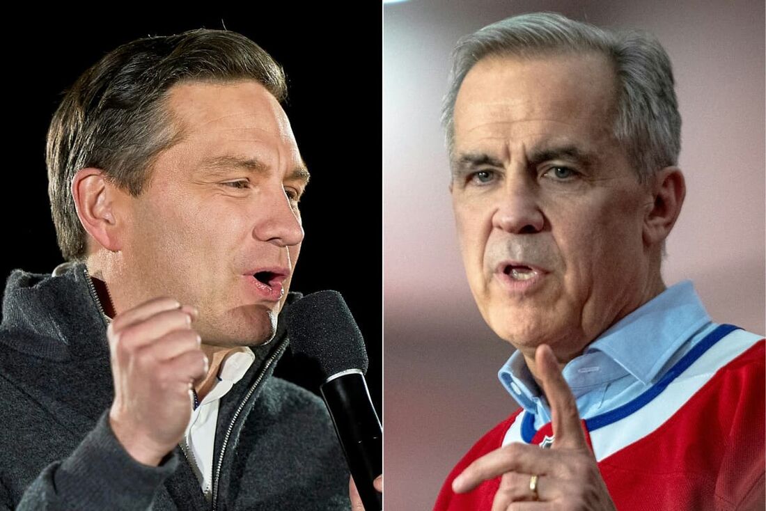 O líder conservador canadense Pierre Poilievre (Esq.) e o primeiro-ministro canadense e líder liberal Mark Carney,