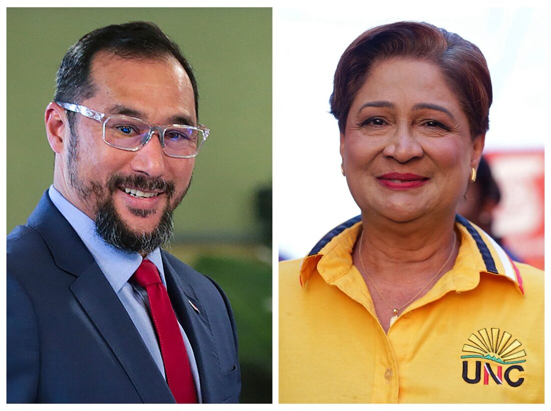 O Ministro da Energia de Trinidad e Tobago, Stuart Young (E), e a ex-primeira-ministra de Trinidad e Tobago, Kamla Persad-Bissessar.