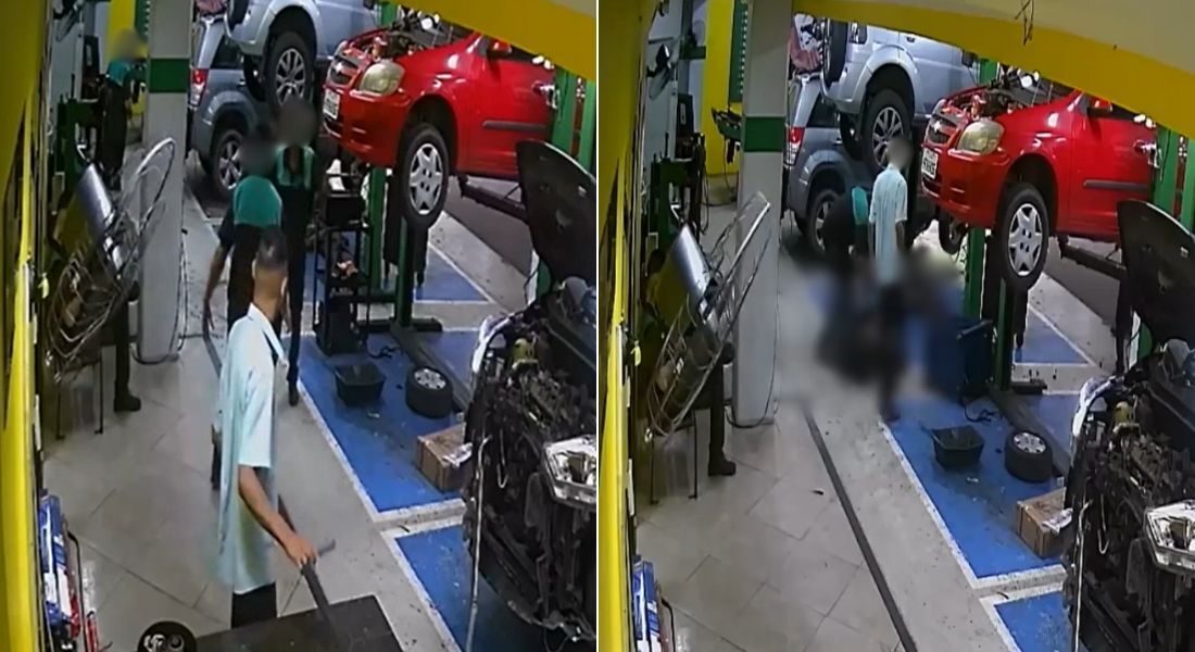 Nas imagens, os dois homens, que usam fardamento, aparecem brigando