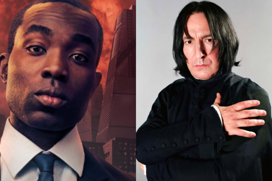 O ator Paapa Essiedu (E) e o ator Alan Rickman como o professor Severus Snape em Harry Potter (D)