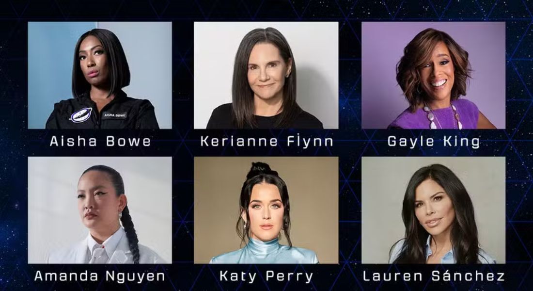 Integrantes de tripulação de missão feminina em viagem ao espaço: Aisha Bowe, Kerianne Flynn, Gayle King, Amanda Nguyen, Katy Perry e Lauren Sánchez