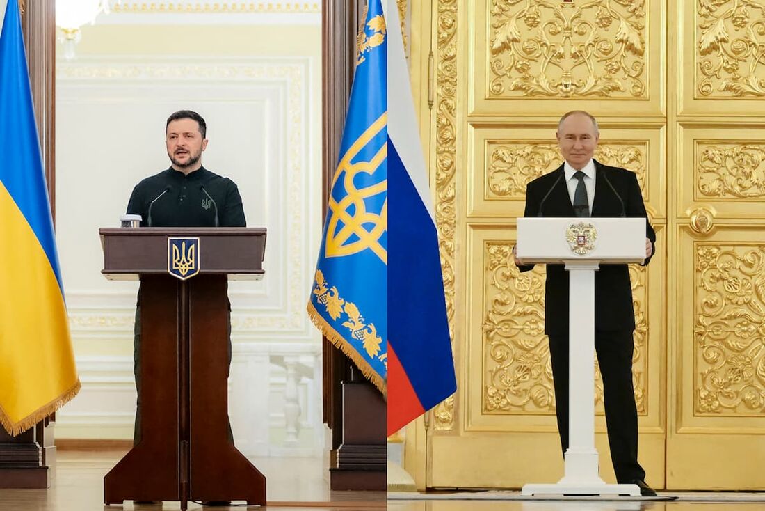 O presidente da Ucrânia, Volodymyr Zelensky, e o presidente da Rússia, Vladimir Putin