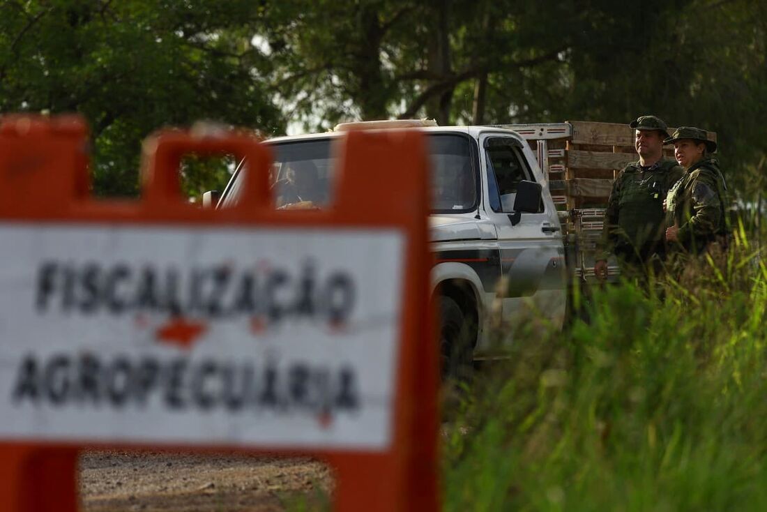 Agentes do Comando Ambiental da Brigada Militar inspecionam granja comercial, local do primeiro surto de gripe aviária do Brasil