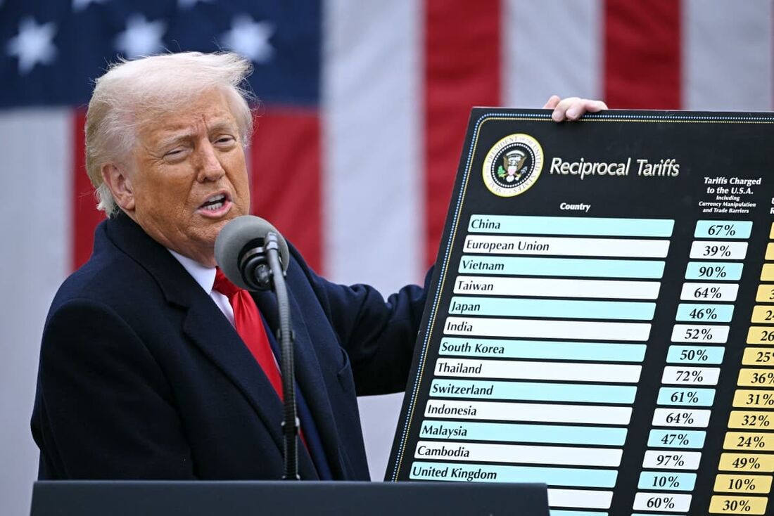 O presidente dos EUA, Donald Trump, segura um gráfico enquanto faz comentários sobre tarifas recíprocas