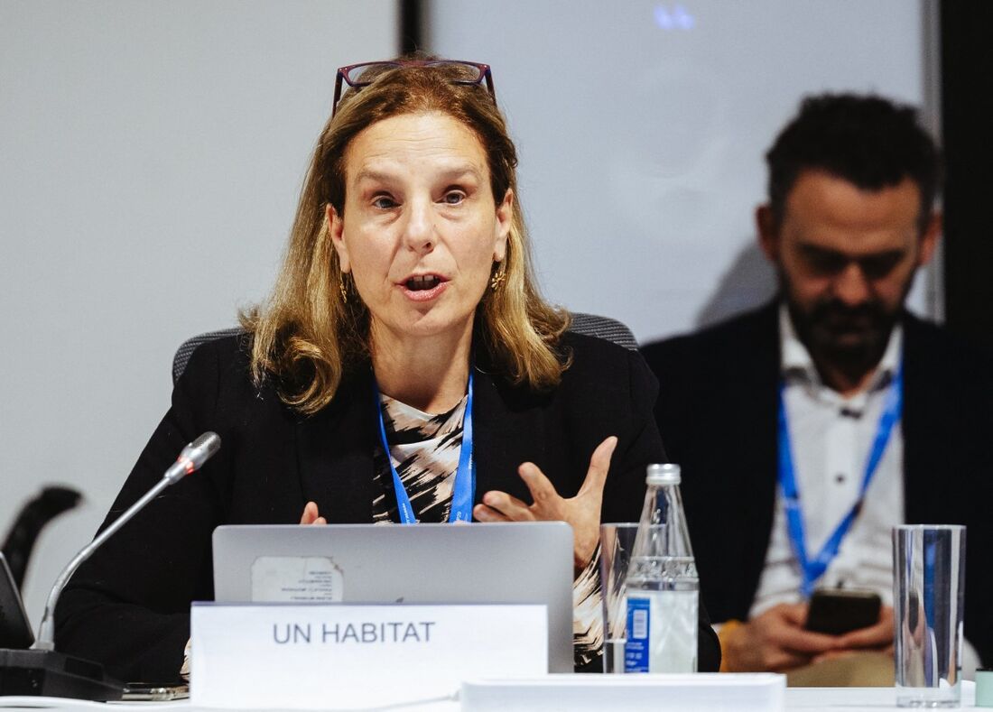 Eleni Myrivili, Diretora Global de Aquecimento da ONU-Habitat, discursa durante a COP29 (Conferência das Nações Unidas sobre Mudanças Climáticas de 2024)