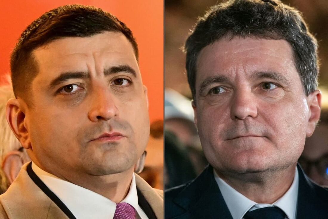 O líder da extrema-direita Aliança para a União dos Romenos (AUR), George Simion, com o pró-europeu e fundador do partido liberal União Salvar a Roménia (USR), Nicusor Dan