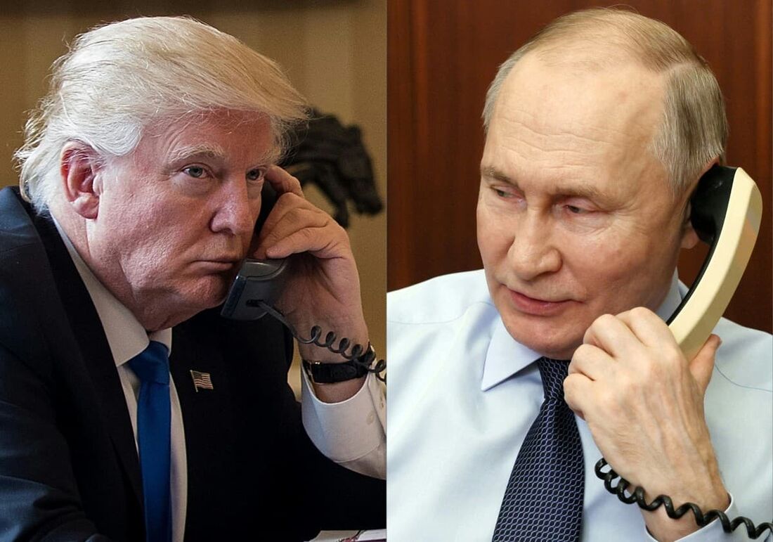 Presidente Donald Trump (E) ao telefone em 28 de janeiro de 2017, em Washington, e o presidente russo, Vladimir Putin (D) ao telefone em Moscou, em 27 de dezembro de 2023.