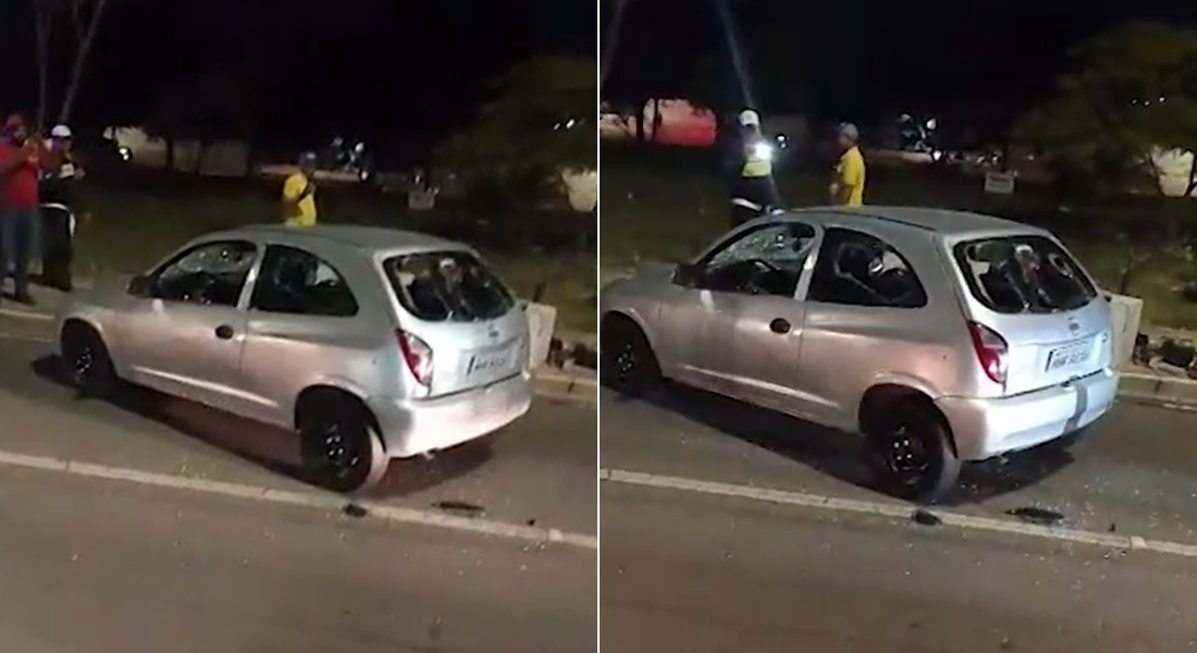 Imagens que circulam nas redes sociais mostram o carro danificado