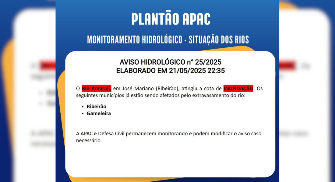 Alerta da Apac sobre inundação do rio Amaraji