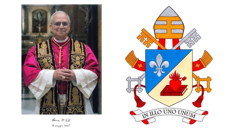 Foto e brasão do Papa Leão XIV