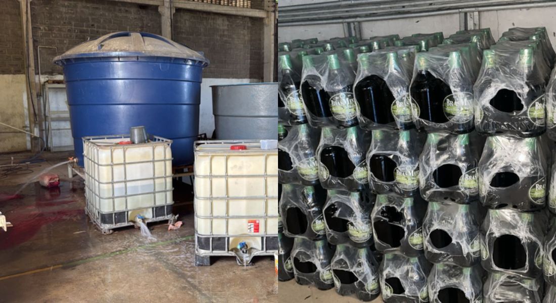 Foram apreendidos aproximadamente 500 litros de bebidas clandestinas, rotuladas como vodka e aperitivo