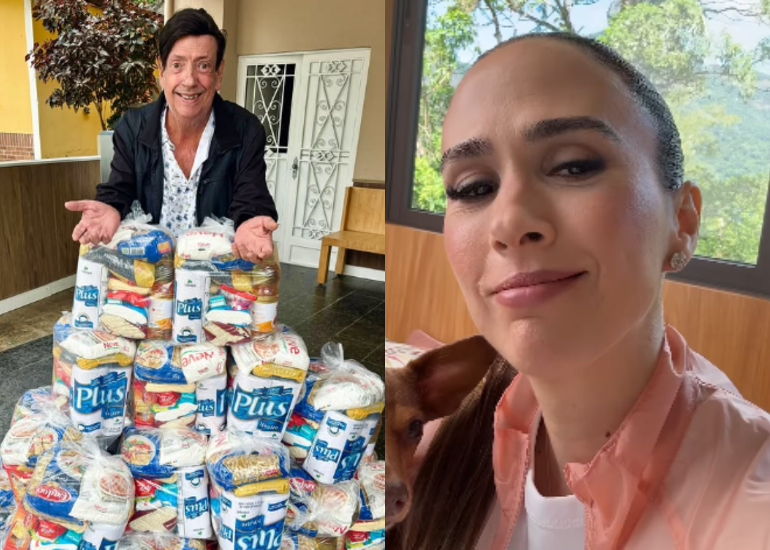 O ator Marcos Oliveira com cestas básicas e a apresentadora Tatá Werneck 