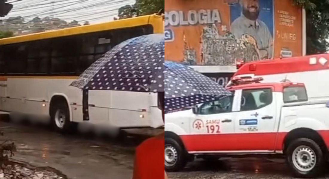 A mulher aparece embaixo do coletivo, perto de uma das rodas