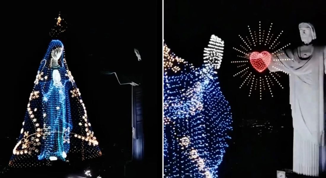 É falsa projeção de Nossa Senhora Aparecida feita por drones ao lado do Cristo Redentor
