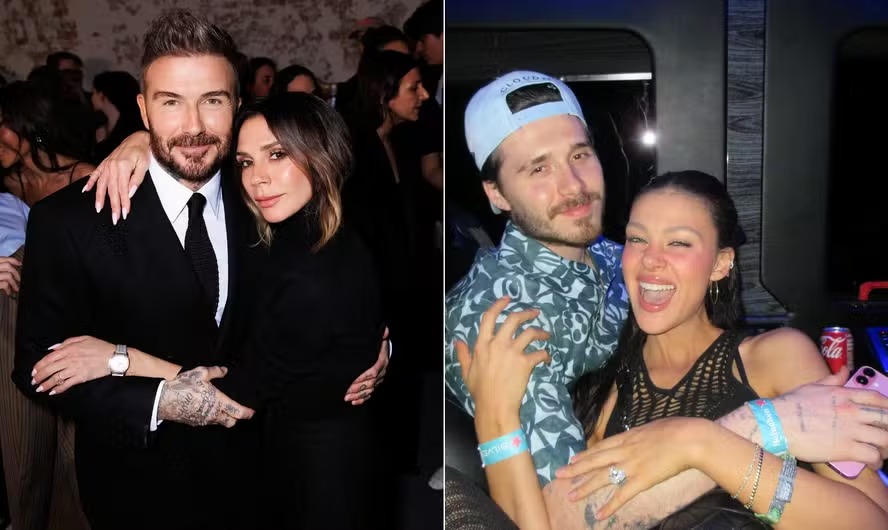 Victoria e David Beckham (à esq.) e Brooklyn e a mulher, Nicola Peltz