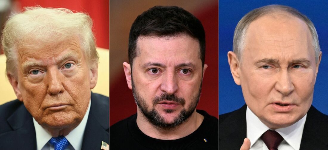 Presidentes Donald Trump, Vladimir Putin e Volodymyr Zelensky