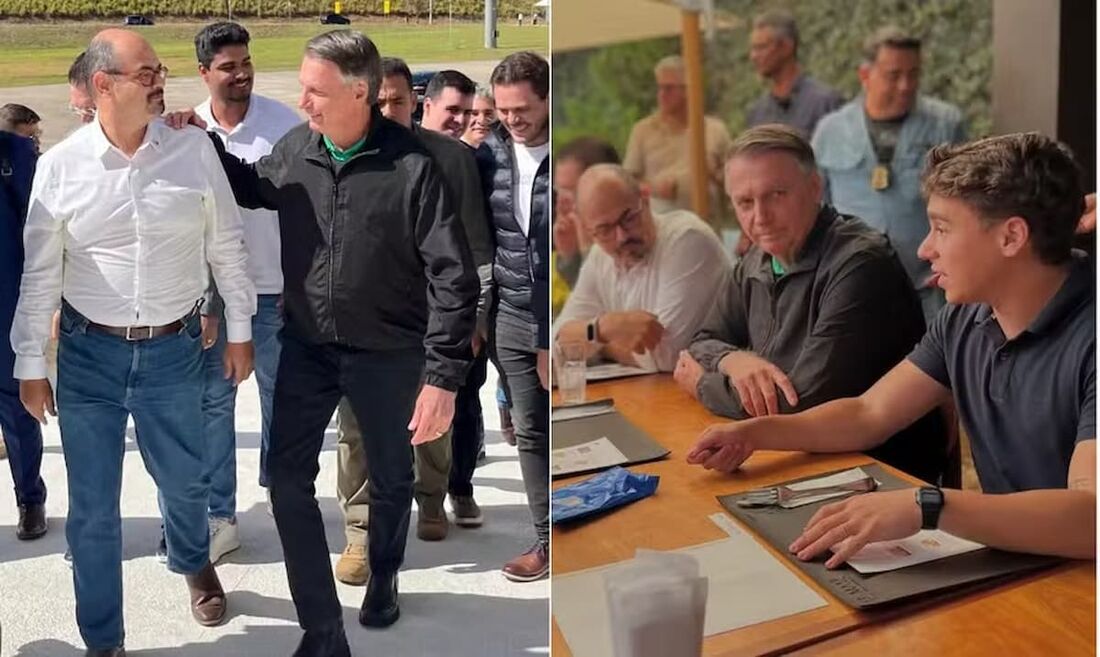 Bolsonaro sobe rampa do Palácio Tirantes em encontro com vice-governador Mateus Simões; em seguida, eles foram para um almoço que reuniu aliados.