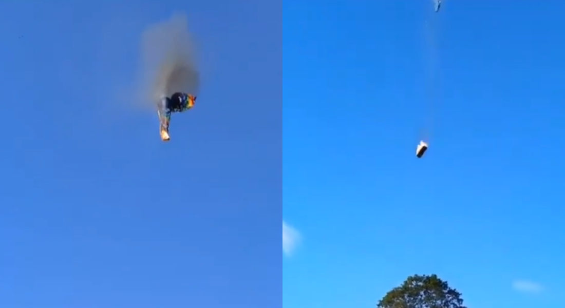 Imagens que circulam nas redes sociais mostram o balão no alto e em chamas