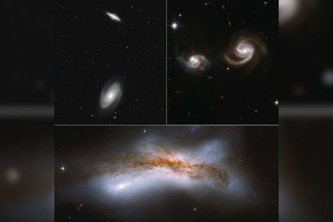  três cenários futuros para um encontro entre a Via Láctea e Andrômeda. Superior esquerdo: Galáxias se cruzam a 1 milhão de anos-luz de distância. Superior direito: A 500.000 anos-luz de distância, a matéria escura cria atrito que aproxima as galáxias. 